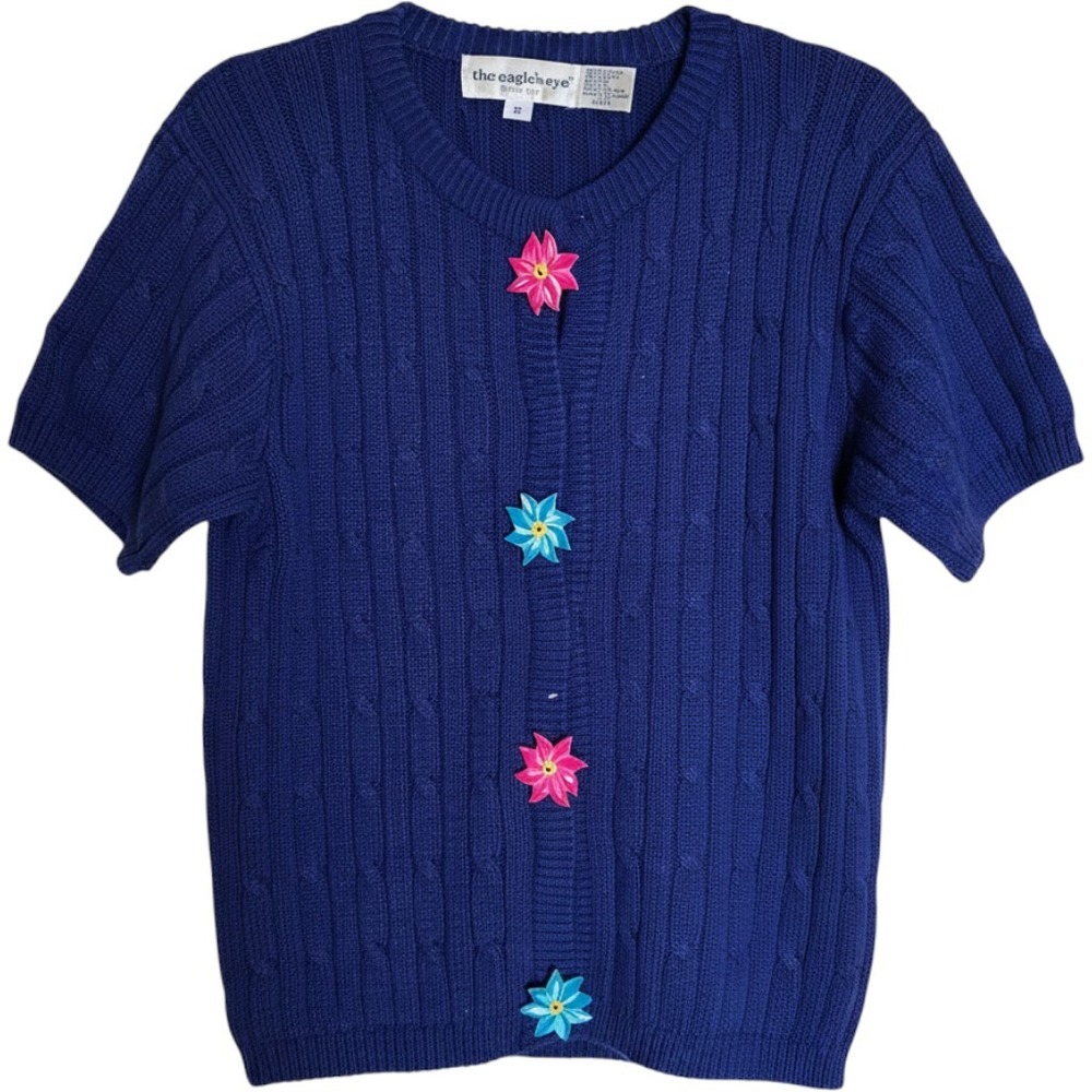The Eagle's Eye Vintage Blue Cable Knit Cardigan Flower Buttons grannycore Small